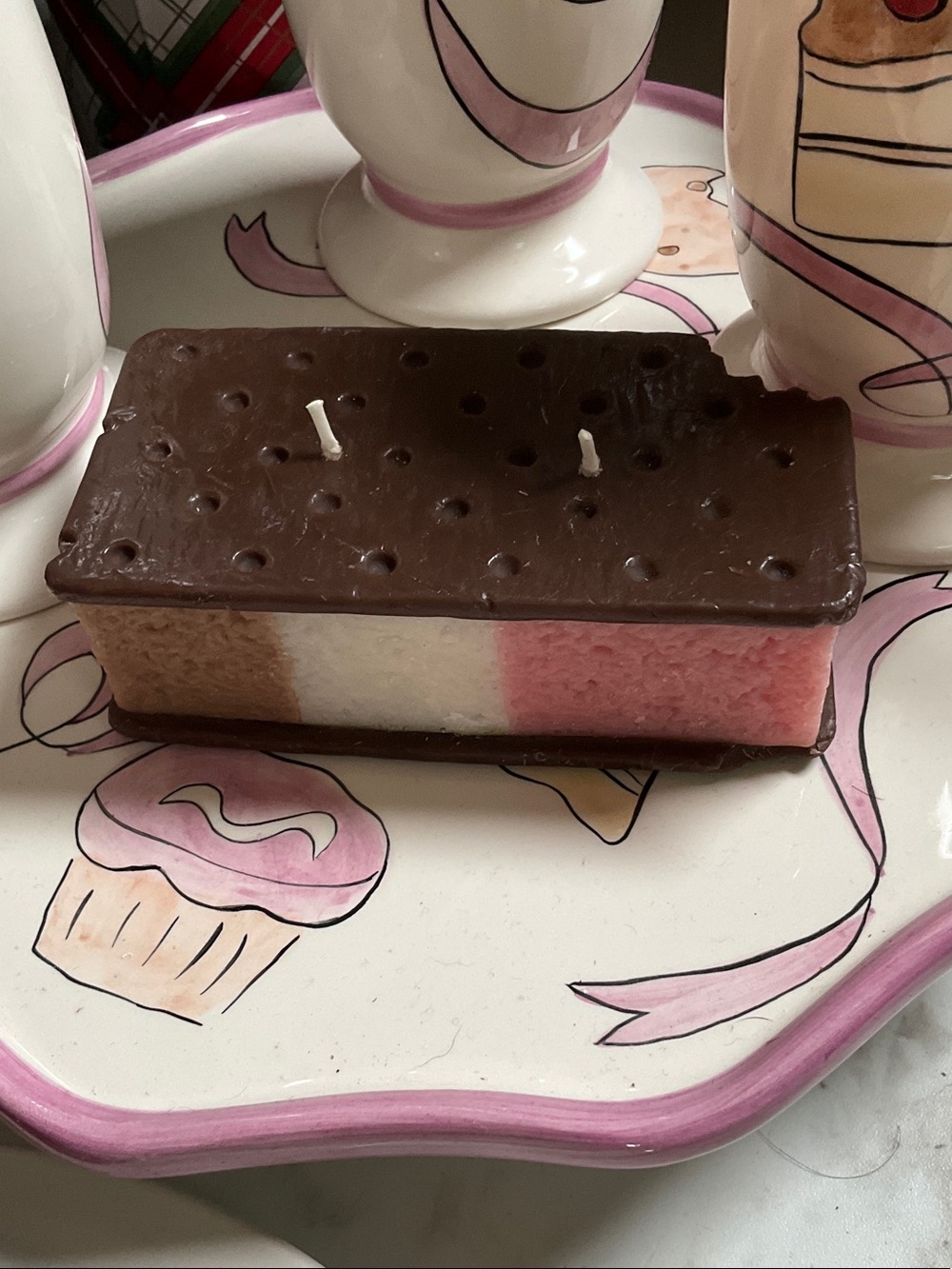Neapolitan Ice Cream Sandwich Decorative Candle - Brown, Cream, Pink